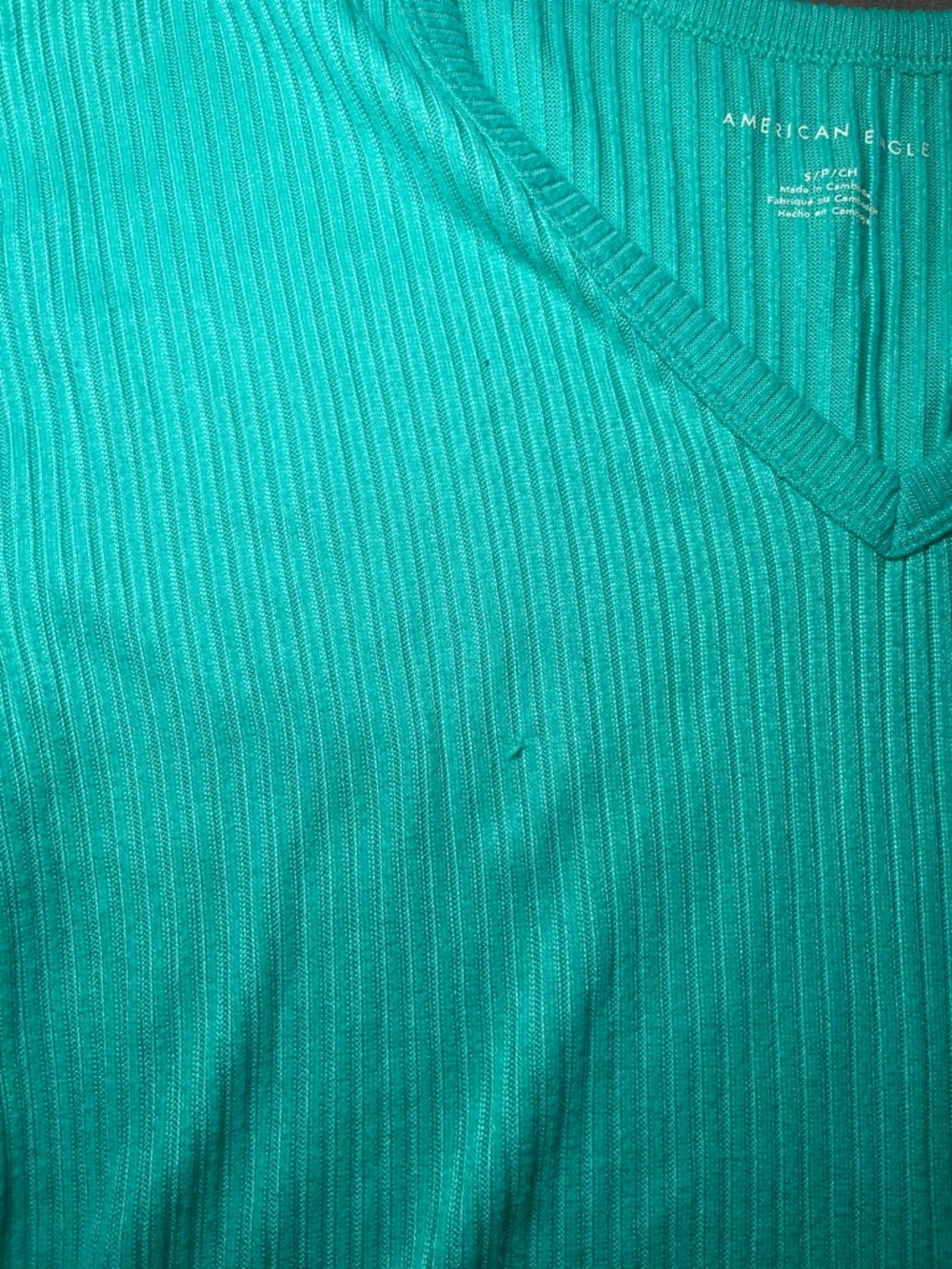 American Eagle V-Neck Plush Long Sleeve Ribbed Top Caribbean Green Size Small - Picture 10 of 12